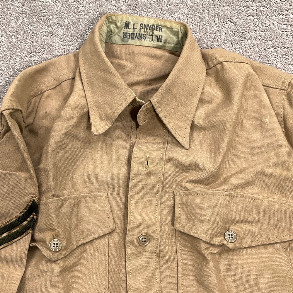 US Army Shirt Men S 14.5 Tan Linen‎ Stitched Corporal Stripes Utility VTG